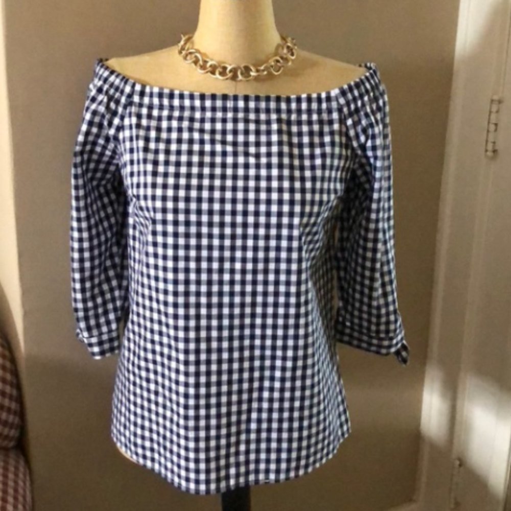 Cupio  Blue and White Gingham Off Shoulder Top szM